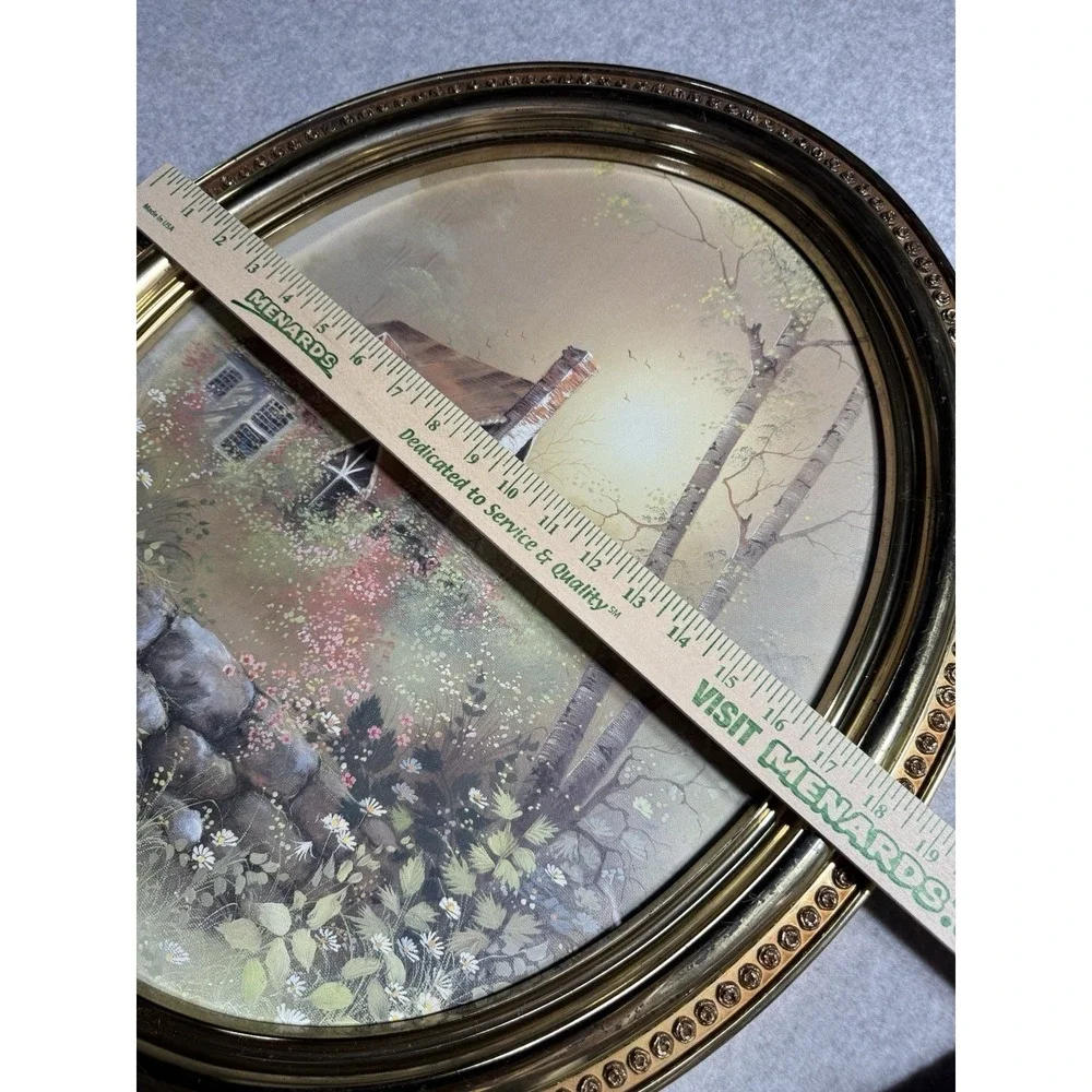 Vintage Syroco 1982 Oval Gold Plastic Picture Frame Cottage In Forest Birch Tree